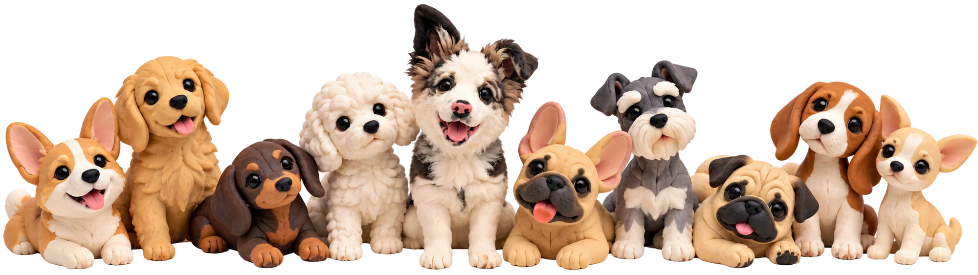 Diez perros de distintas razas sentados en fila, mirando al frente