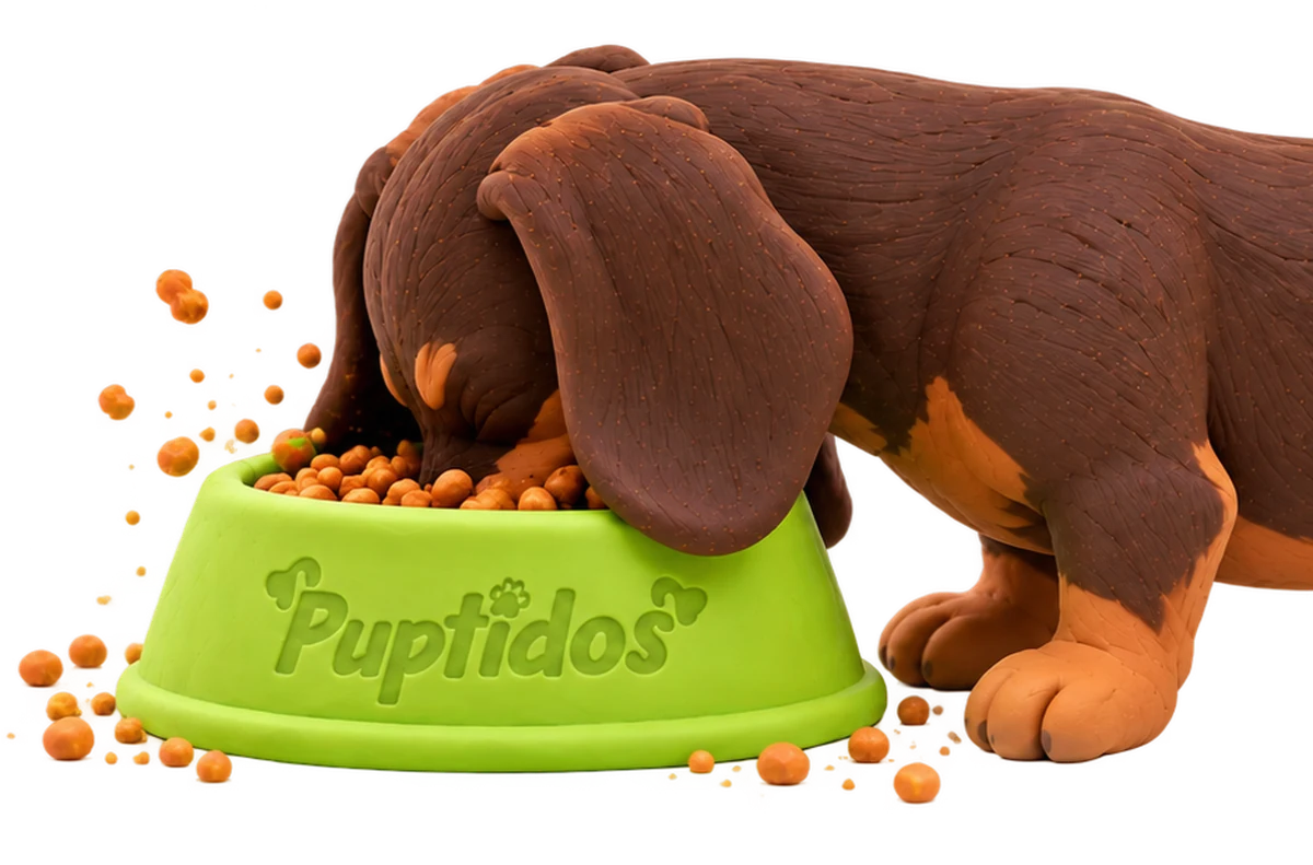 Un perro salchicha con la cabeza metida en un bowl Puptidos